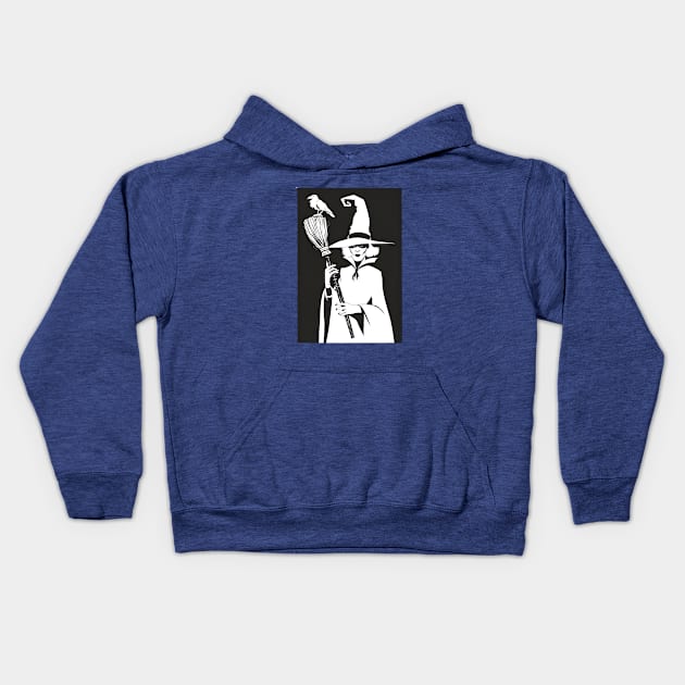 Witch and crow black & white Kids Hoodie by LENTEE